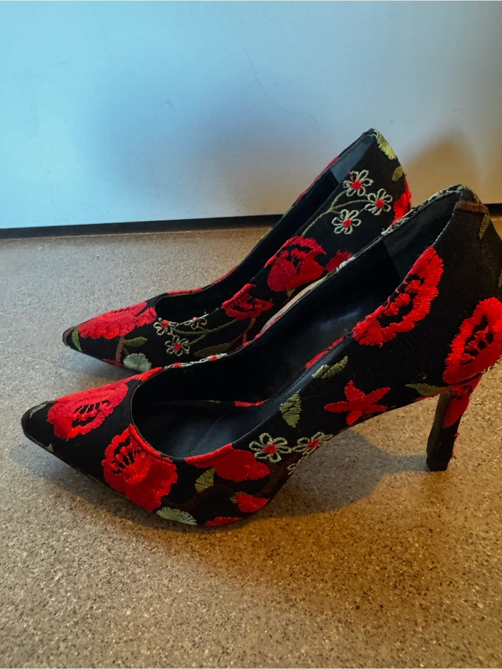 Charles David Black Pointed-Toe Heels with Red Floral Embroidery